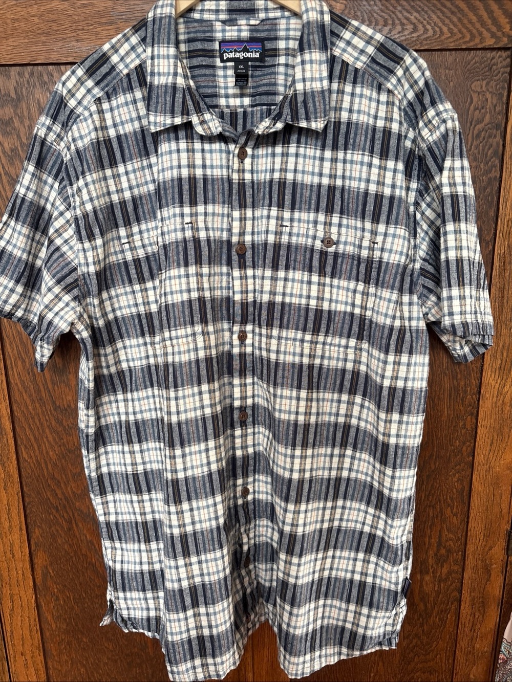 Patagonia Short-Sleeve Plaid Button-Up Shirt - Navy & White